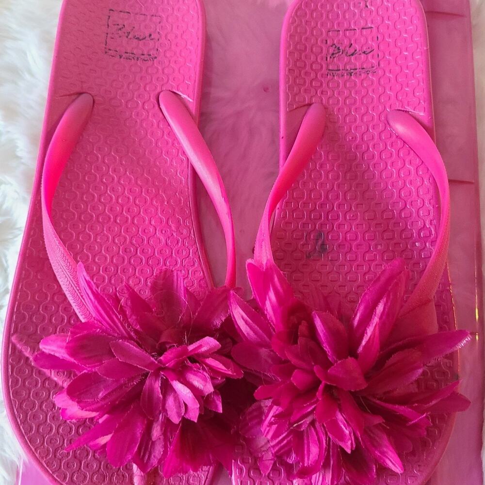 Blue Suede Shoes Pink Flower Flip Flops